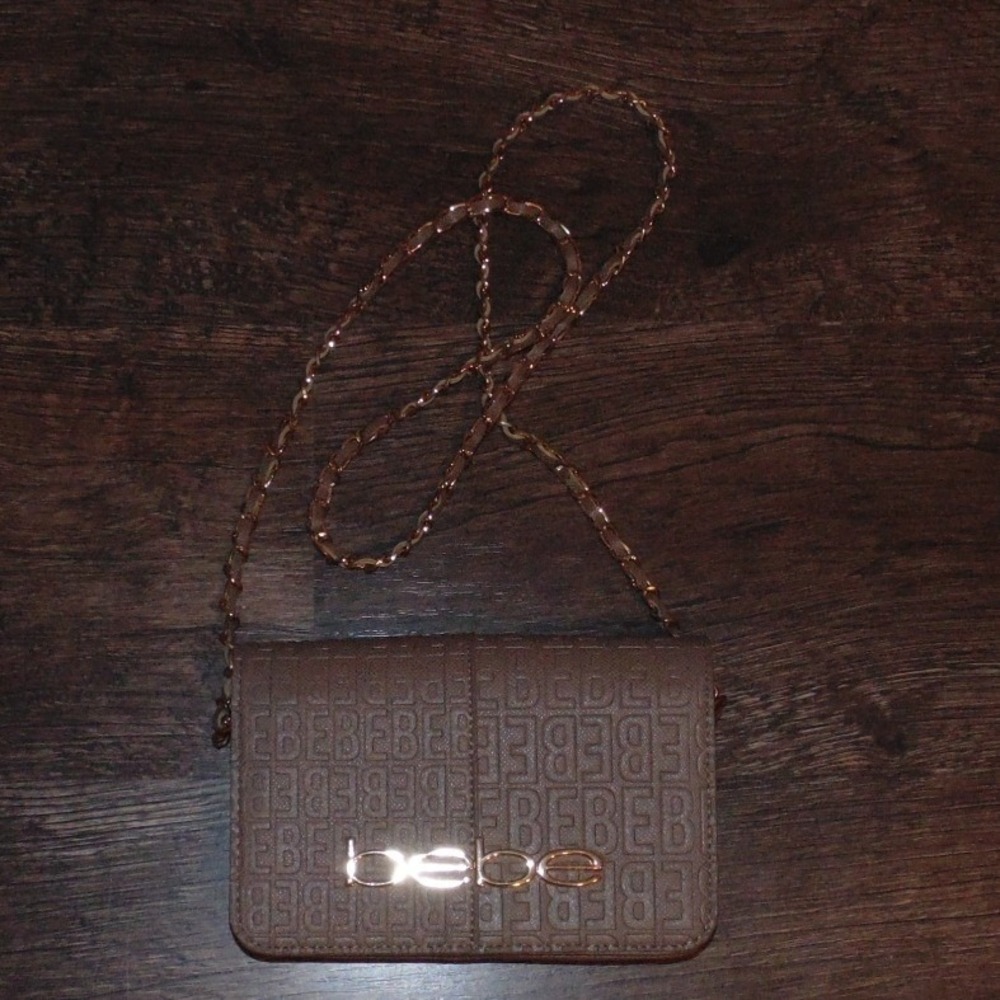 Bebe Crossbody Wallet Taupe Excellent Logo Gold Tone